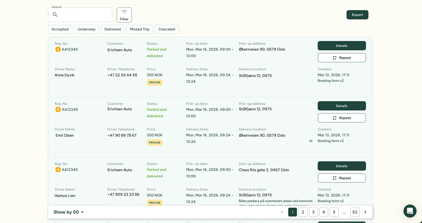 Gire orders overview, all trips and statuses